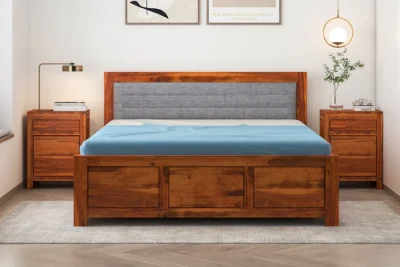 Elegant Vssential solid wood bed with built-in hydraulic storage compartments, online furniture.
