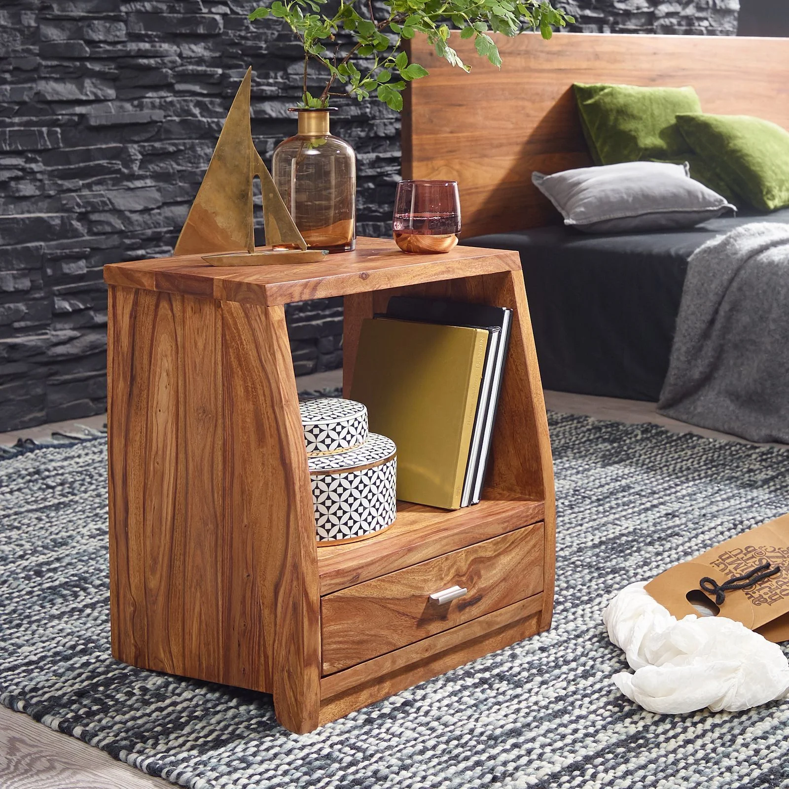 Solid wood swivel bedside table with smooth storage drawer