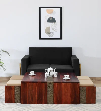 Sheesham wood nesting coffee table set with 4 stools for modern living rooms.