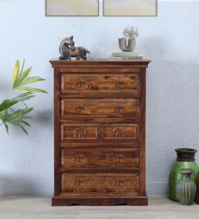 Wooden designer chest of drawers featuring handcrafted detailing and classic polished finish.