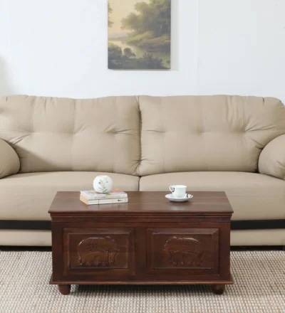 Clean design wooden coffee table with matte surface and practical storage compartment.