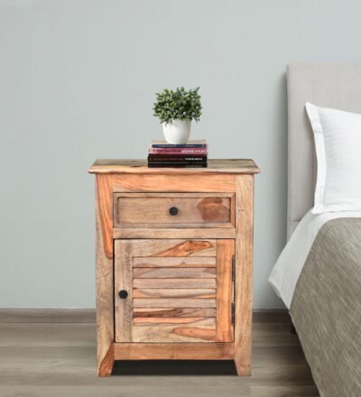 Leather solid wood bedside table by Classic Wood, premium wooden nightstand with leather finish for bedroom