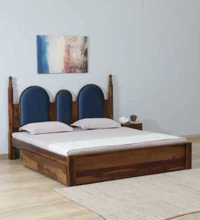 Minimalist solid wood bed with clean lines and practical storage space, modern wooden storage bed for bedroom