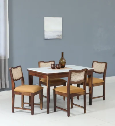 Stylish wooden dining table set featuring strong frame and cushioned chairs.