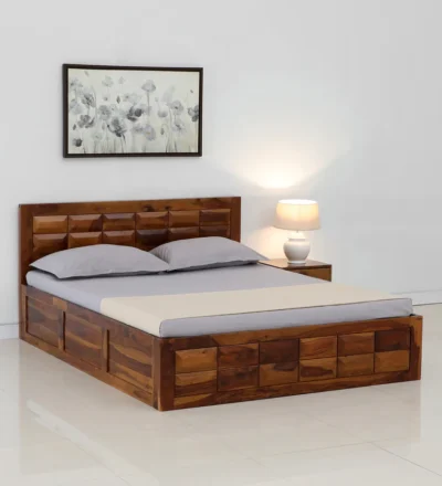 Solid Sheesham wood bed with box storage for modern bedroom
