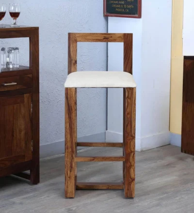 Set of 2 designer bar chairs with upholstered seat and sturdy wooden legs by Classic Wood.