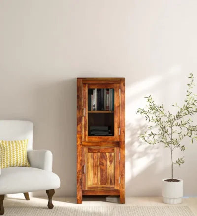 Solid handmade Sheesham wood bookshelf featuring rustic finish, heavy-duty wooden frame, and spacious storage shelves for home décor.