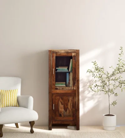Classic solid Sheesham wood bookcase with carved design and flexible shelves.