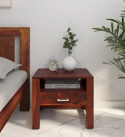 Minimalist Sheesham wood bedside table featuring high-gloss finish and storage drawer