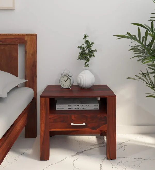 Minimalist Sheesham wood bedside table featuring high-gloss finish and storage drawer