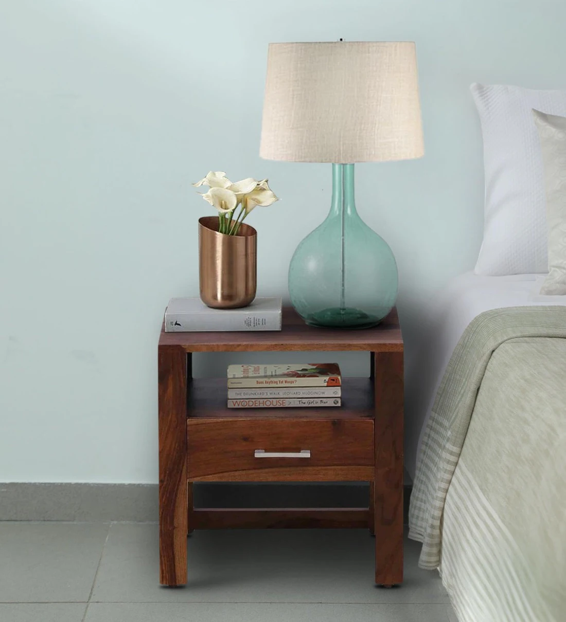 Practical Wooden Bedside Table with Easy Slide Drawer and Display Shelf