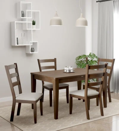 Space-saving 4 seater wooden dining set featuring storage bench and sturdy table