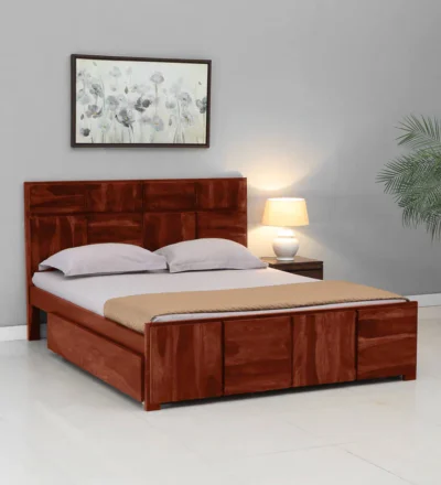 Wooden king size platform bed with drawers and storage headboard