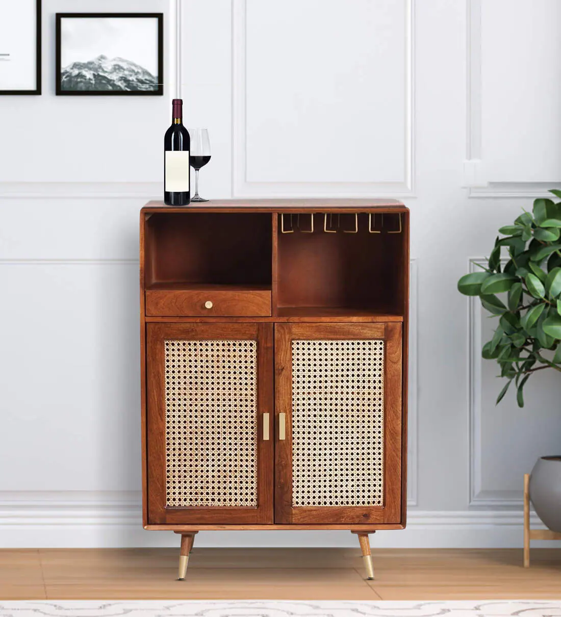 Wooden Bar Cabinet with Bottle Rack and Display Shelf By Classic Wood