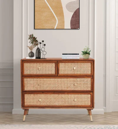 Handcrafted wooden drawer cabinet featuring natural wood finish and decorative metal accents.