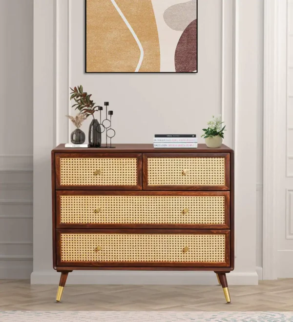 Solid Sheesham wood antique style drawer chest featuring hand-finished detailing and spacious storage drawers.