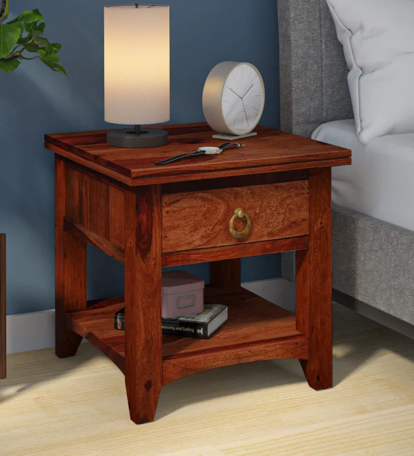 Sleek Wooden Bedside Table with Storage Compartment and Durable Sheesham Wood Frame