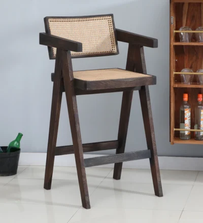 Set of 2 modern high stools with cushioned seat and sturdy wooden base by Classic Wood.