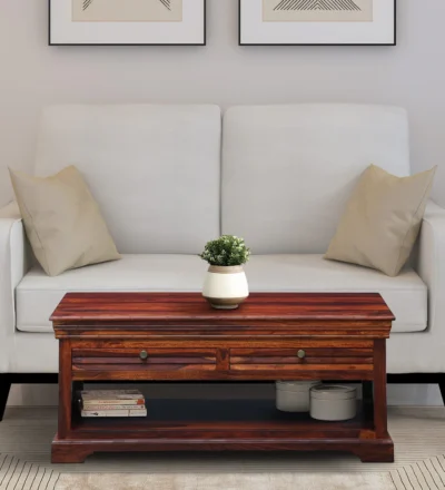 Minimalist wooden coffee table featuring open lower storage shelf for living room.