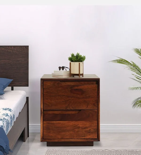 Functional Wooden Bedside Table with Polished Wood Surface and Storage Drawer Option