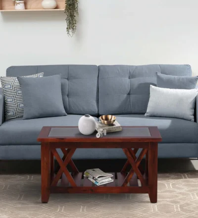 Modern compact coffee table made of sheesham wood with glass top and storage shelf