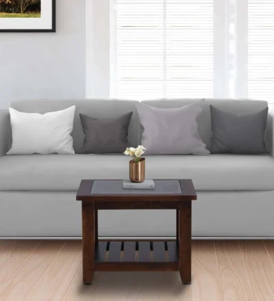 Stylish coffee table in wood featuring a built-in storage basket and polished finish.