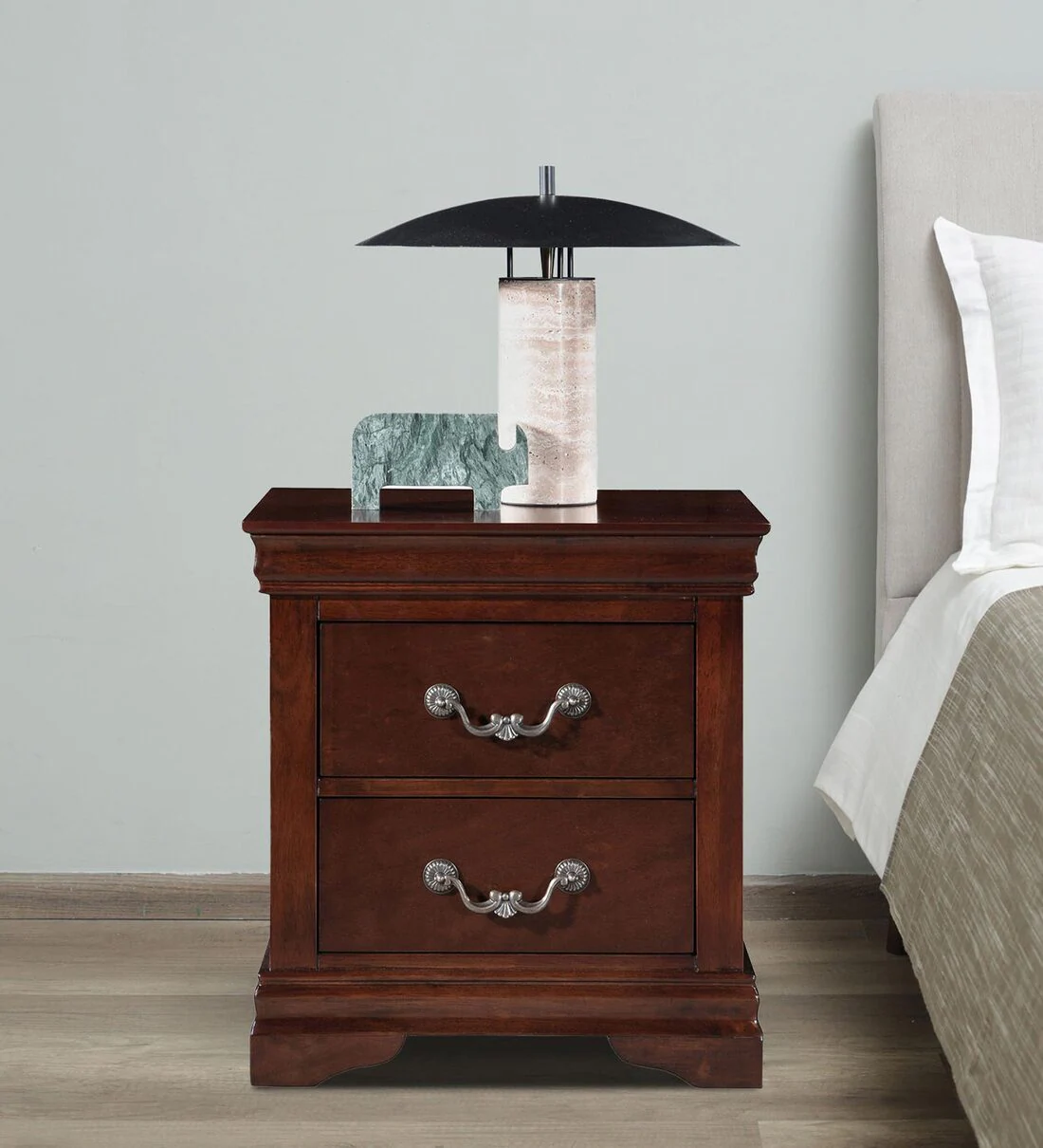 Modern solid wood nightstand with two drawers and open shelf, stylish bedside table for bedroom