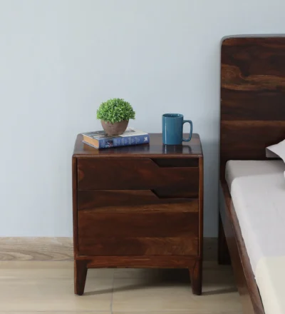 Space-efficient wooden bedside table with deep drawer and polished surface