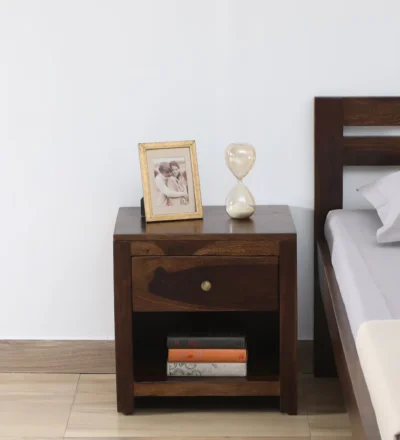 Wooden nightstand with single drawer and open storage shelf