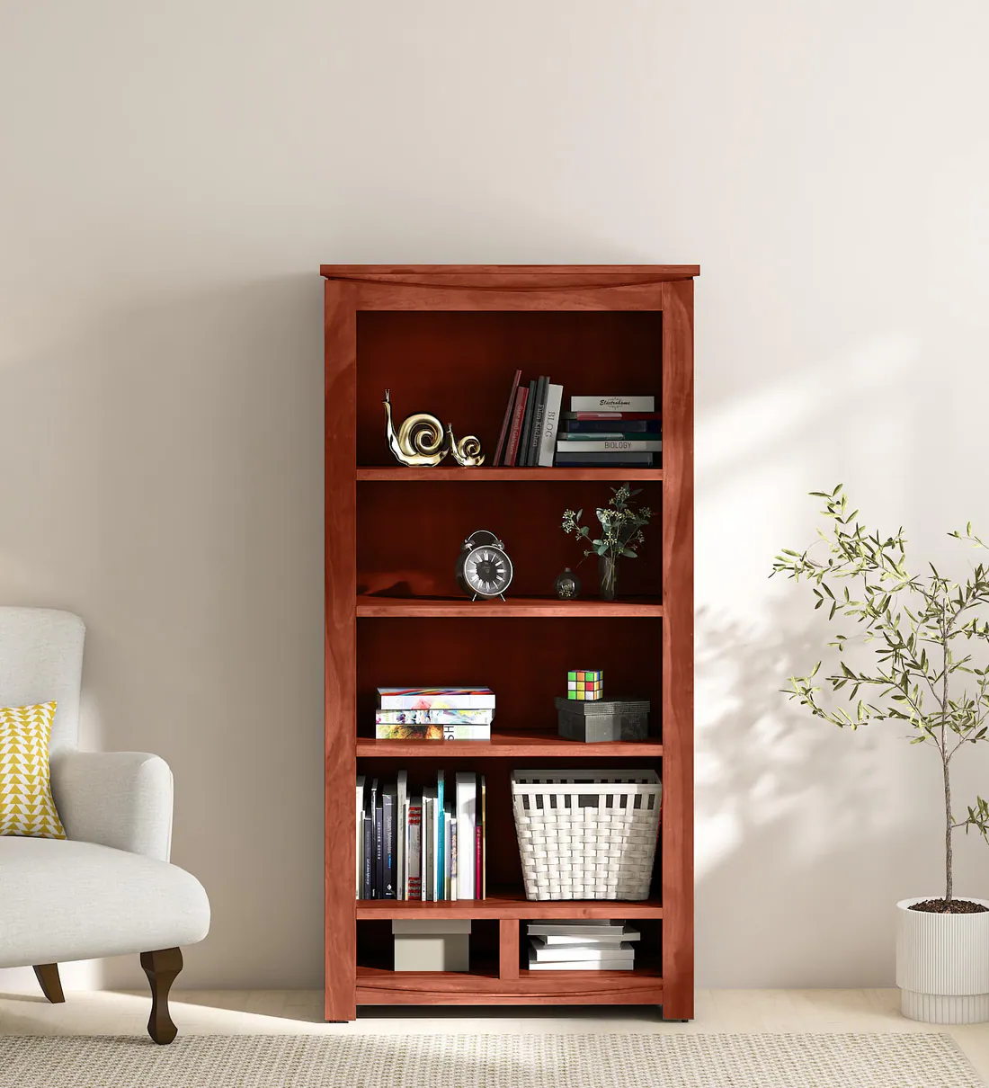 Solid Wood Sheesham Bookshelf with Spacious Shelves and Decorative Carving