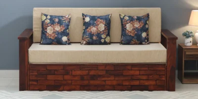 Compact sofa bed featuring detachable back cushions, space-saving design, and comfortable seating for bedroom or lounge use.