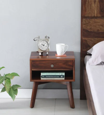 Handcrafted Sheesham wood bedside table with dual drawer storage for bedroom