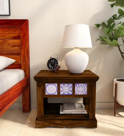 Polished wooden bedside table featuring functional storage drawer