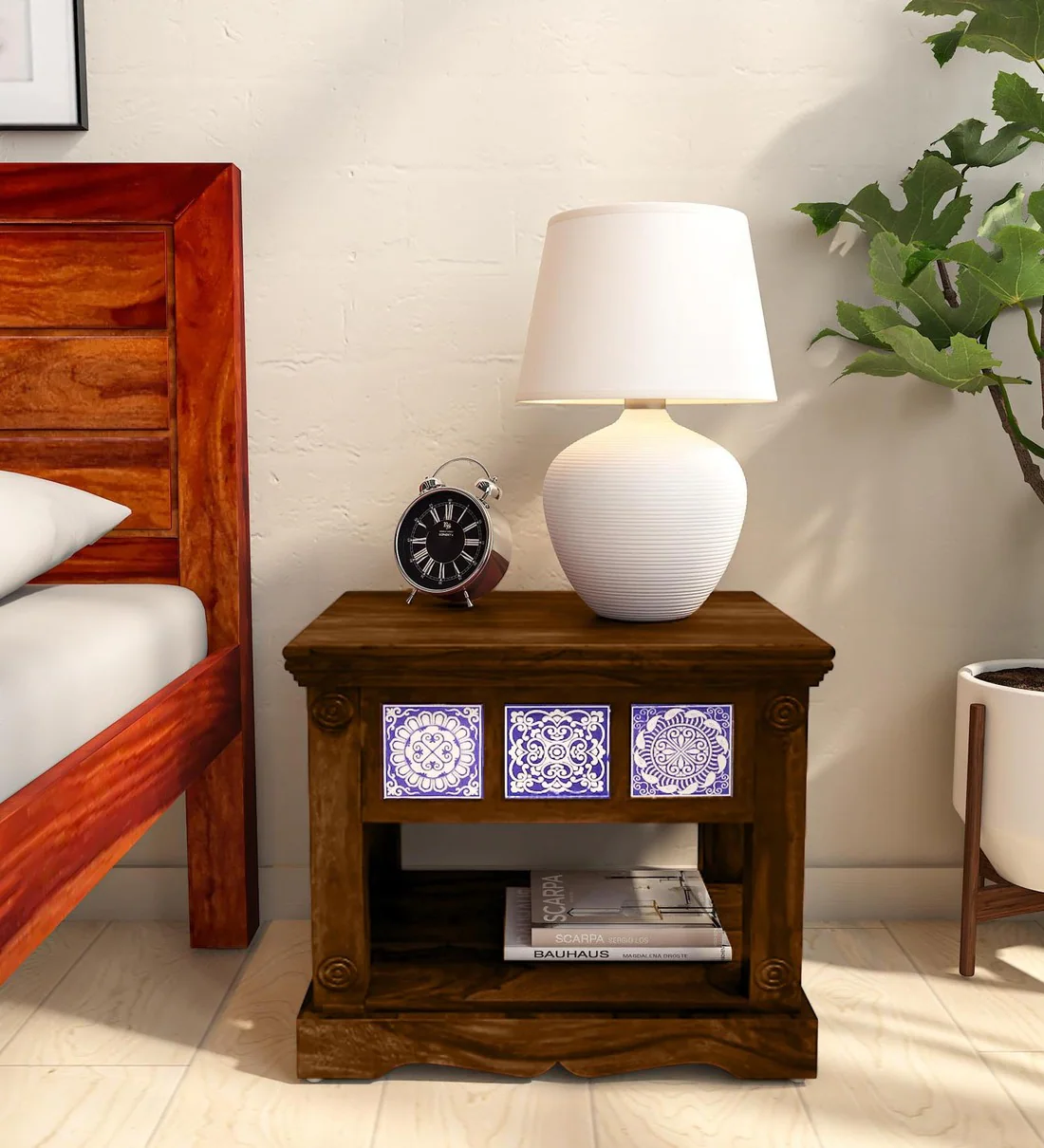Polished wooden bedside table featuring functional storage drawer