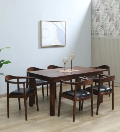 Solid Sheesham dining set featuring cushioned high-back chairs for comfort.