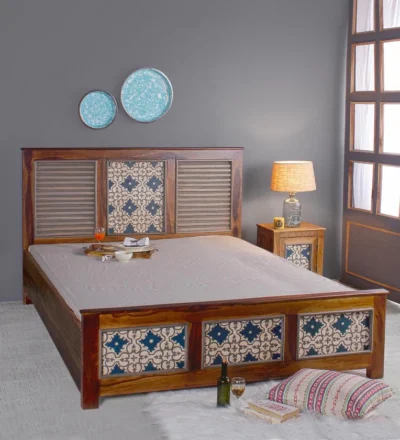 Contemporary Sheesham wood bed with easy-lift hydraulic storage beneath mattress platform.