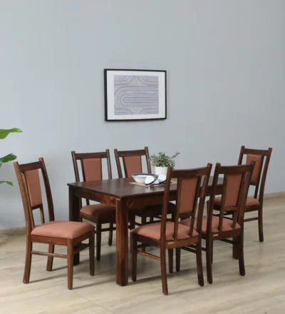 Classic 6-seater dining set in wood, ideal for joint family gatherings.