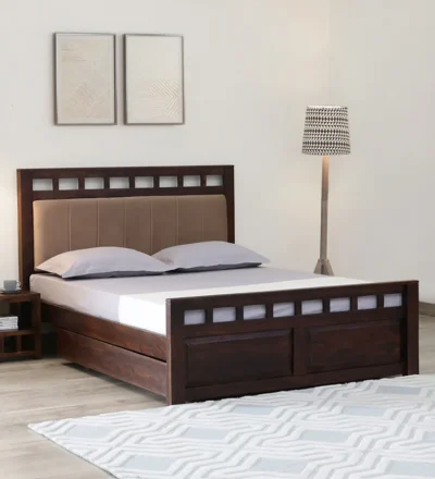 Contemporary wooden bed featuring under-bed drawers for storage.