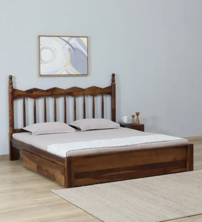 Redwood Rest upholstered bed with drawer storage by Classic Wood, premium wooden bed with cushioned headboard for modern bedroom