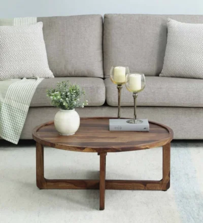 Polished wooden coffee table with a storage basket underneath.