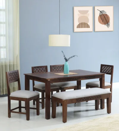 Premium wooden dining set with artistic design and smooth teak polish.