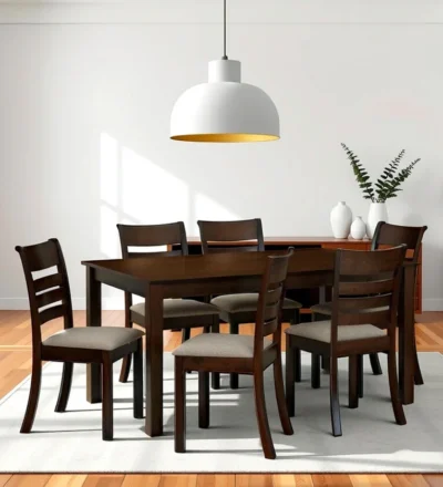 Wooden dining table with matching tufted cushion chairs for modern homes