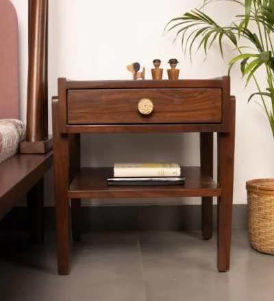 Solid wood side table for bedroom with compact design, wooden bedside table with premium finish