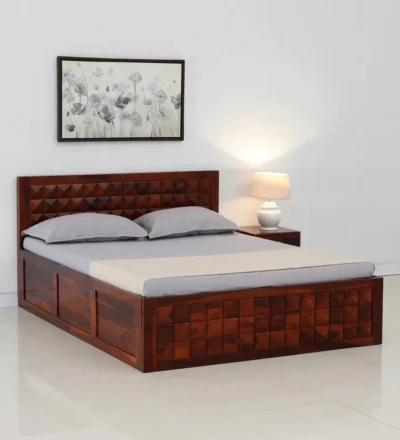 Rustic Sheesham Wood Bed with Storage and Vintage Carved Headrest Design