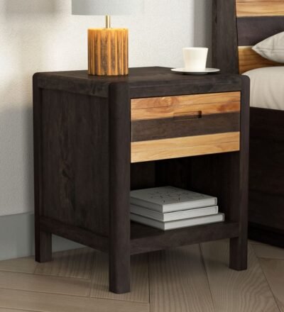 Wooden minimalist nightstand with two drawers and convenient open storage shelf, modern bedside table for bedroom