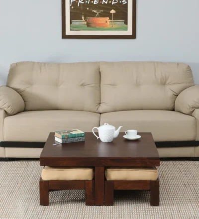 Elegant vintage-style Sheesham wood coffee table set with four stools and rich walnut finish