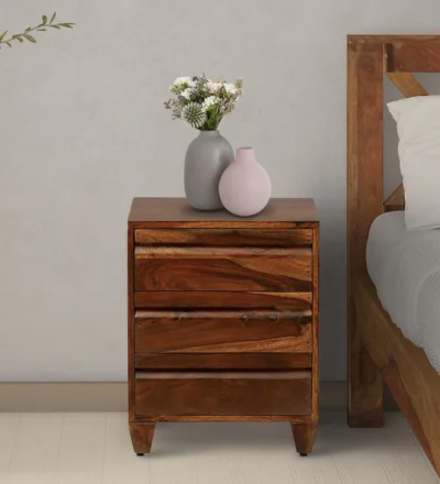 Wooden bedside table featuring storage drawer and open display shelf