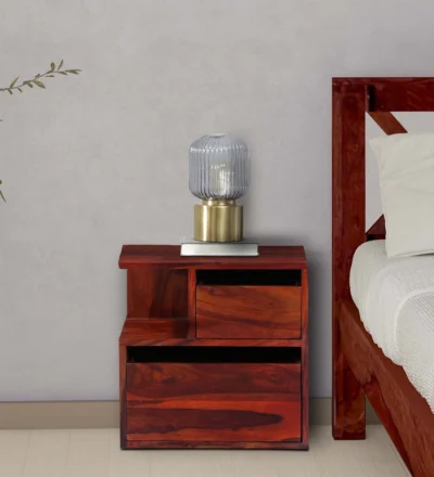 Vintage rustic wooden bedside table with drawer and open shelf for decor