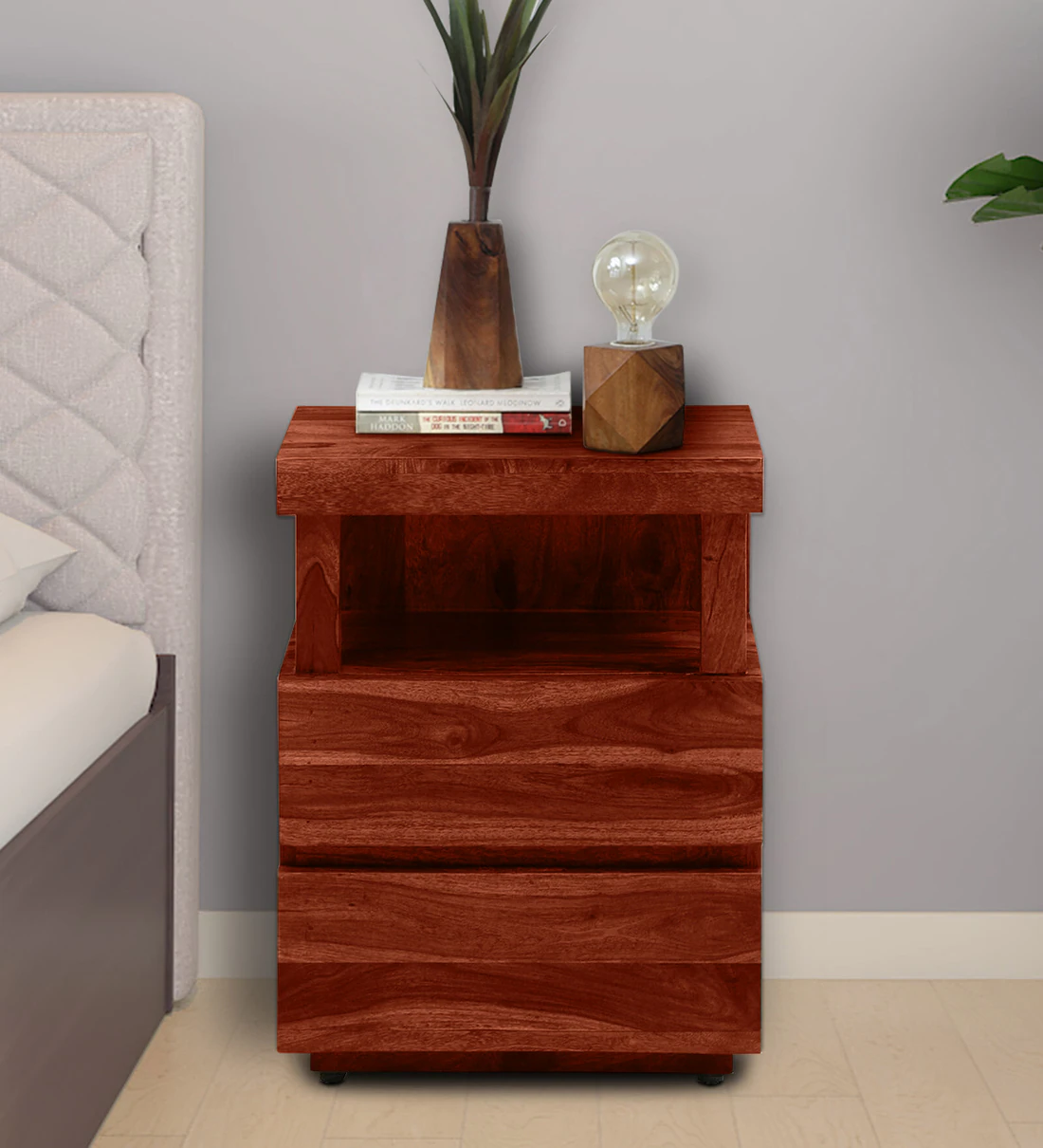 Wooden handcrafted bedside table with drawer and open shelf by Classic Wood, solid wood nightstand for bedroom