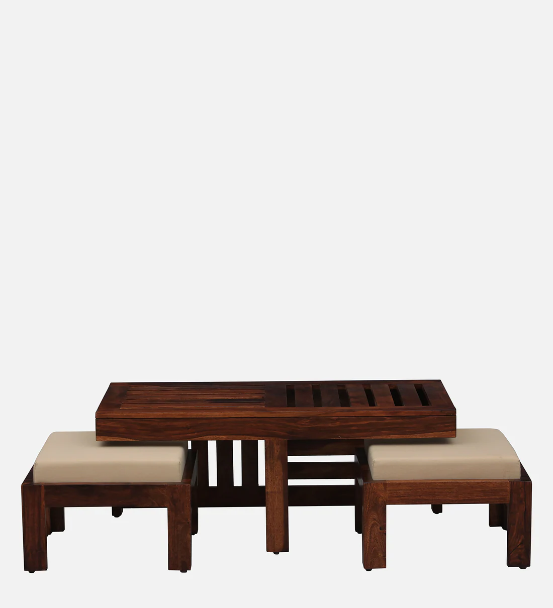 Solid Wood Nesting Coffee Table Set With Cushioned Stools By Classic Wood - Image 5